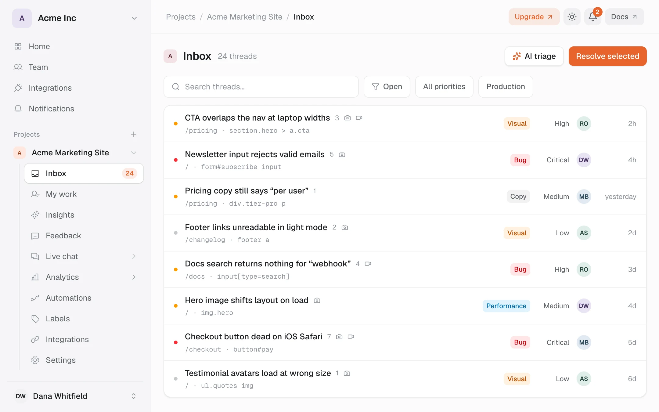 The Annot8 project inbox listing feedback threads, each showing the page path and the CSS selector of the element it was pinned to, with issue type, priority, and assignee.